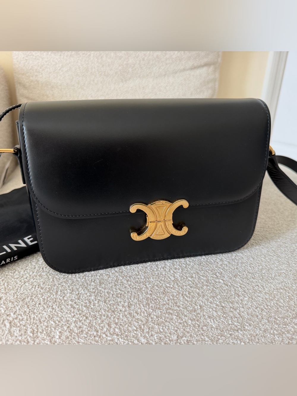 Celine Black Leather Crossbody with Gold Triomphe Clasp